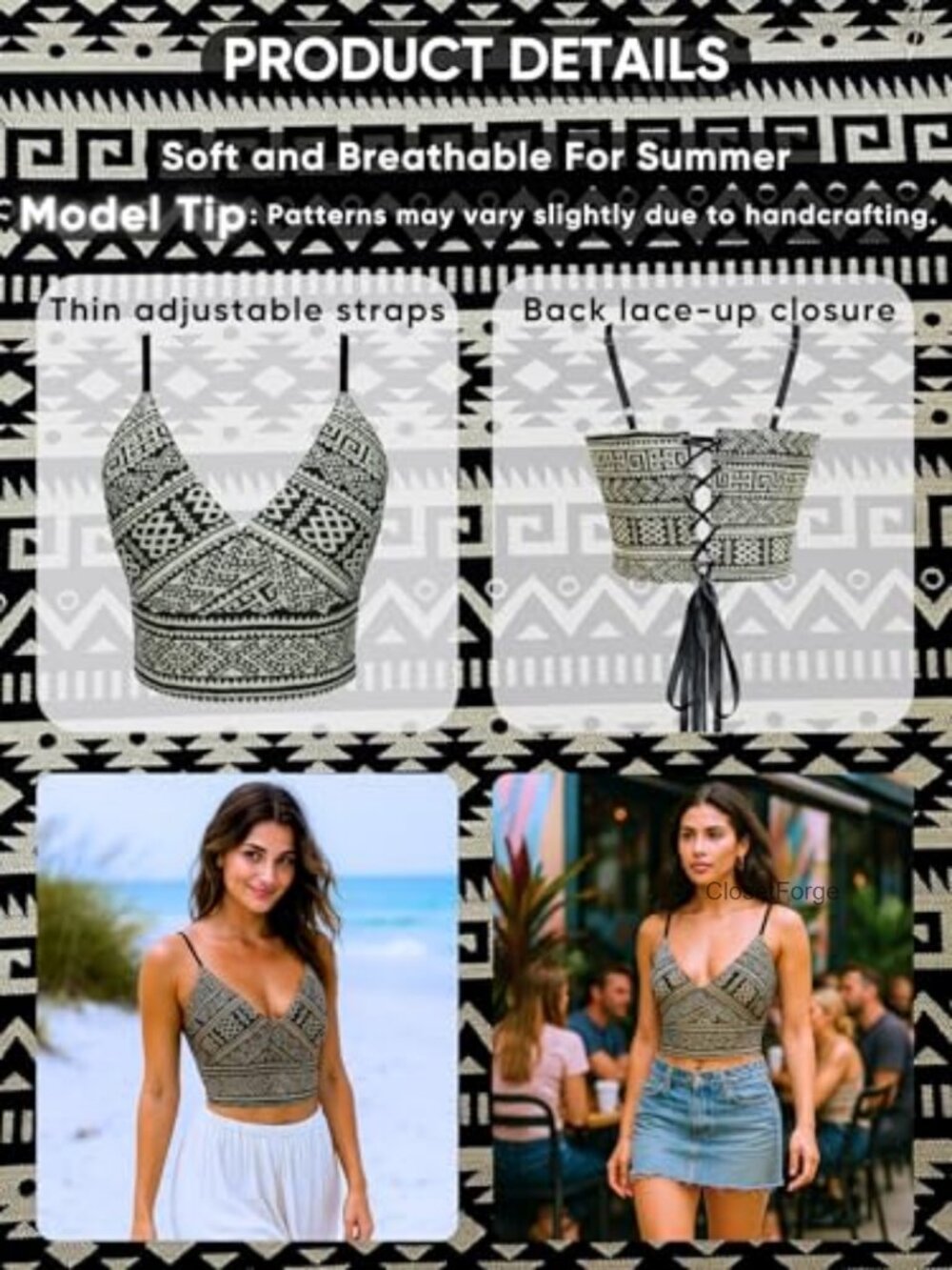 Boho Lace Up Crop Top Corset Style Festival Summer Tank - Picture 2 of 7